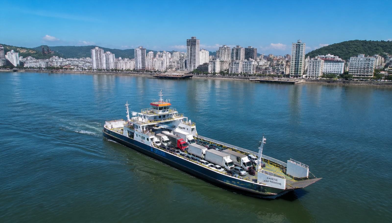 Ferryboat transportando veículos na travessia Santos–Guarujá